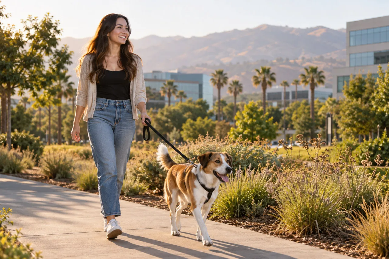 Owner walking a dog on a sunny landscaped path